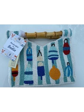 NEW RELEASE Made In India Fishing Buoys Bobbers Beaded Wooden Handle Bag NWT